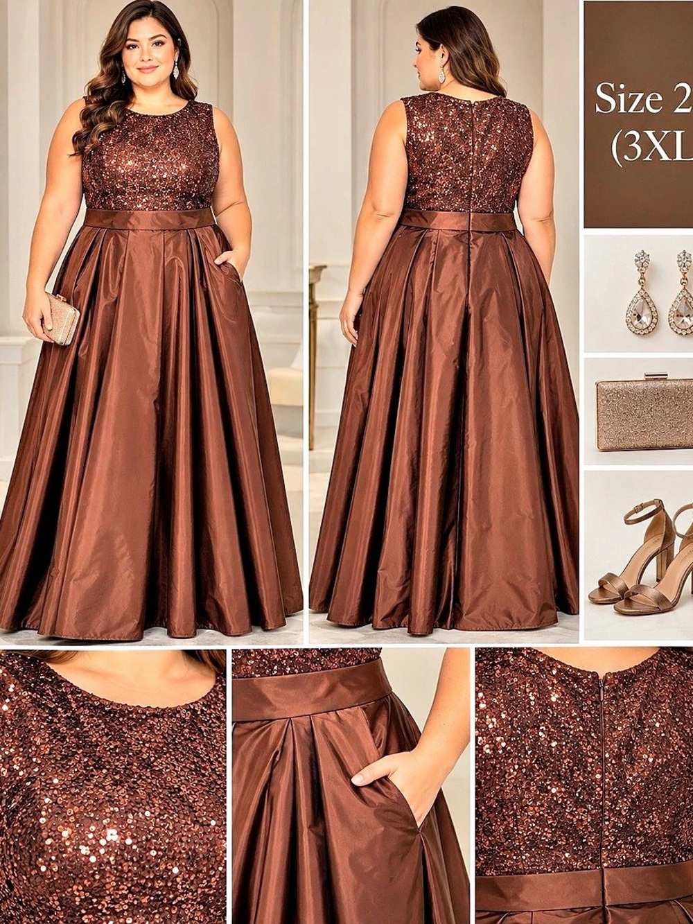 Sequin Maxi Dress in Brown Size 3XL